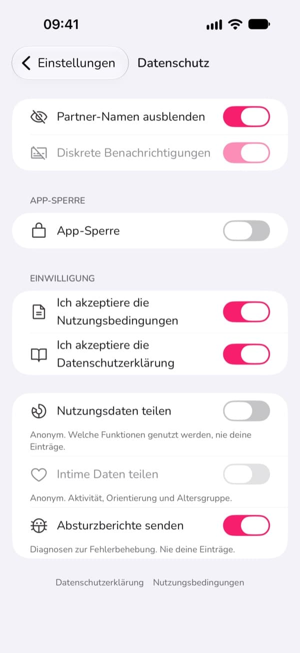 Die Datenschutz-Einstellungen von LoveLust: verborgene Partnernamen, diskrete Benachrichtigungen und App-Sperre