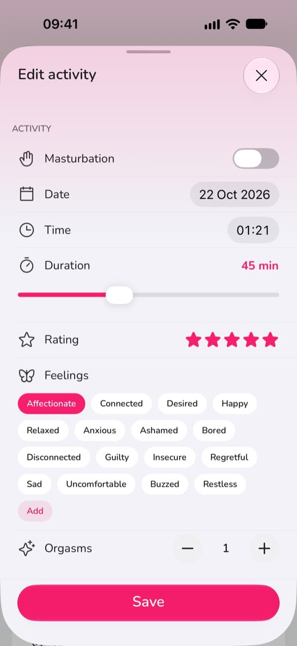 LoveLustで新しい記録を追加する画面