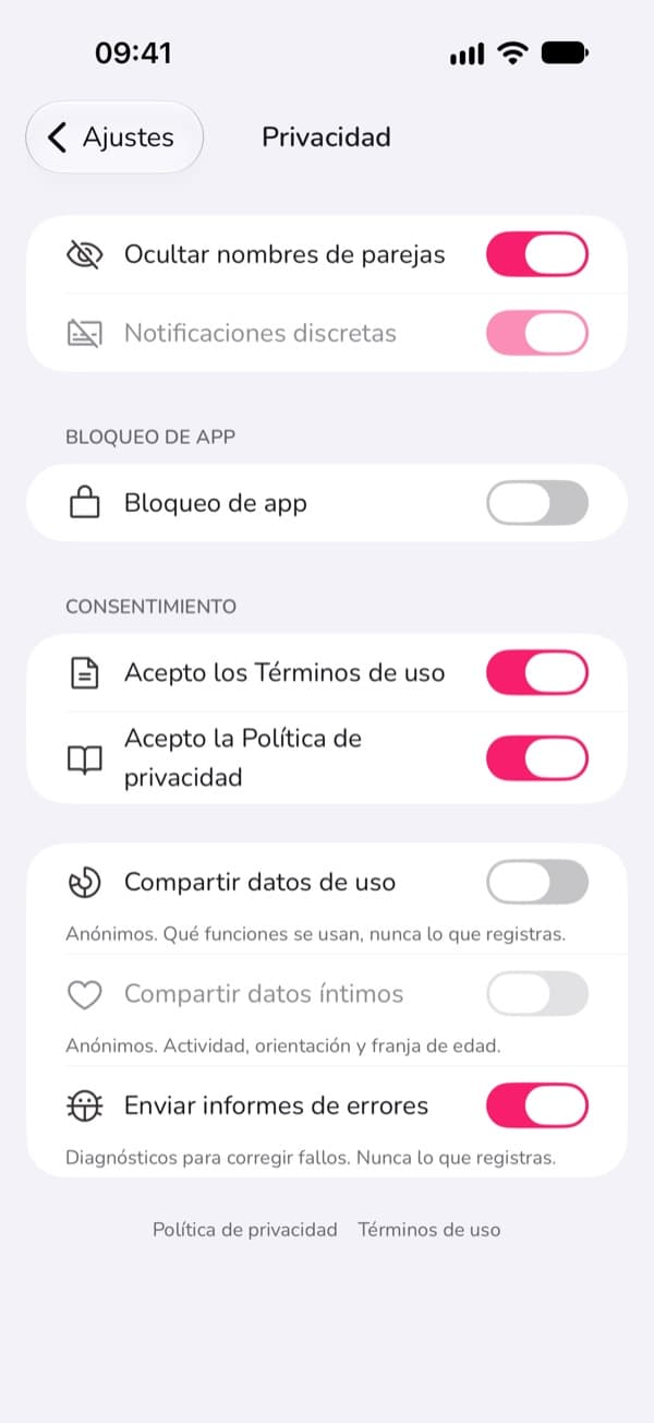 Los ajustes de privacidad de LoveLust: nombres de parejas ocultos, notificaciones discretas y bloqueo de app