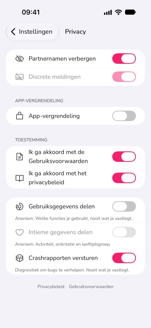 De privacyinstellingen van LoveLust: verborgen partnernamen, discrete meldingen en app-vergrendeling
