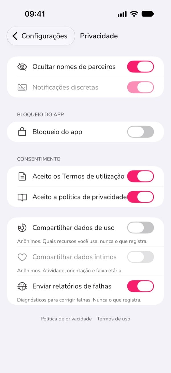 As configurações de privacidade do LoveLust: nomes de parceiros ocultos, notificações discretas e bloqueio do app